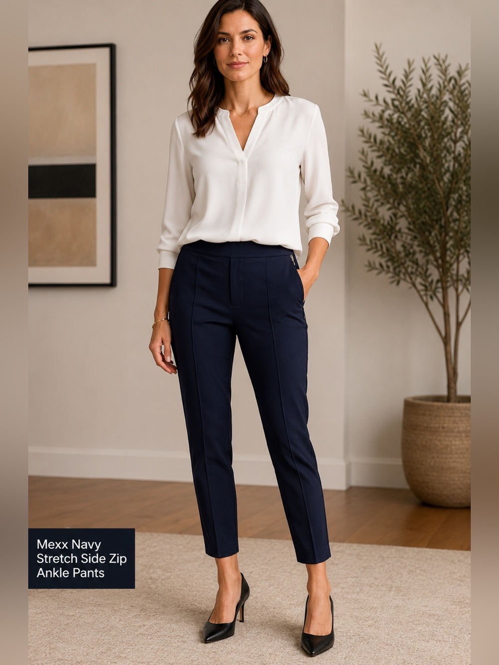 Mexx Navy Blue Ankle Pants Size 12 Side Zip Career Travel Stretch Trouser